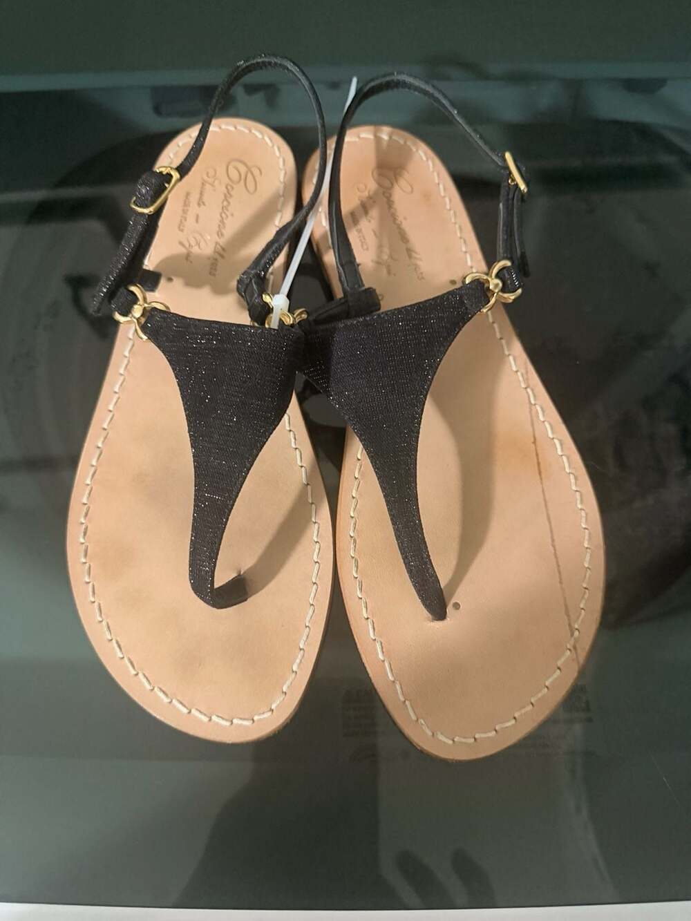 Corcione dal 1925 Triangolo Caprese Black Glitter Leather Flat Sandals